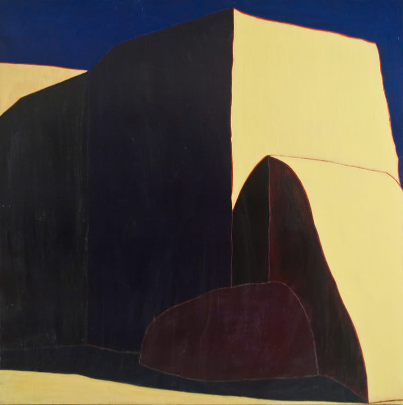 Harold Joe Waldrum Primrose Light, 72" x 72" acrylic on canvas painting of the Ranchos de Taos church