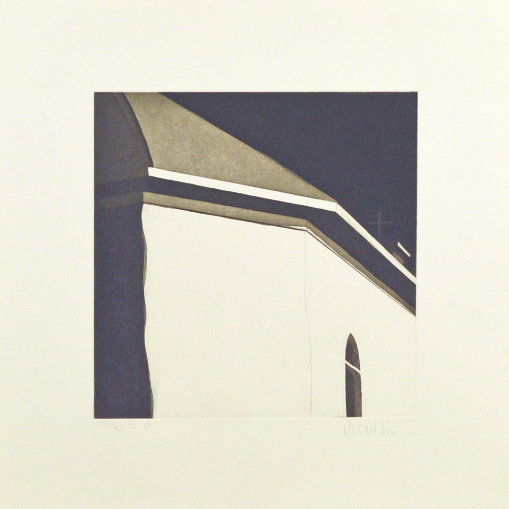 Color Trial Proof: Las sombras atr&aacute;s de la iglesia de Nuestra Se&ntilde;ora de Dolores de Arroyo Hondo, (image) 12x12" aquatint etching, 1984-85 - aquatint etching by Harold Joe Waldrum
