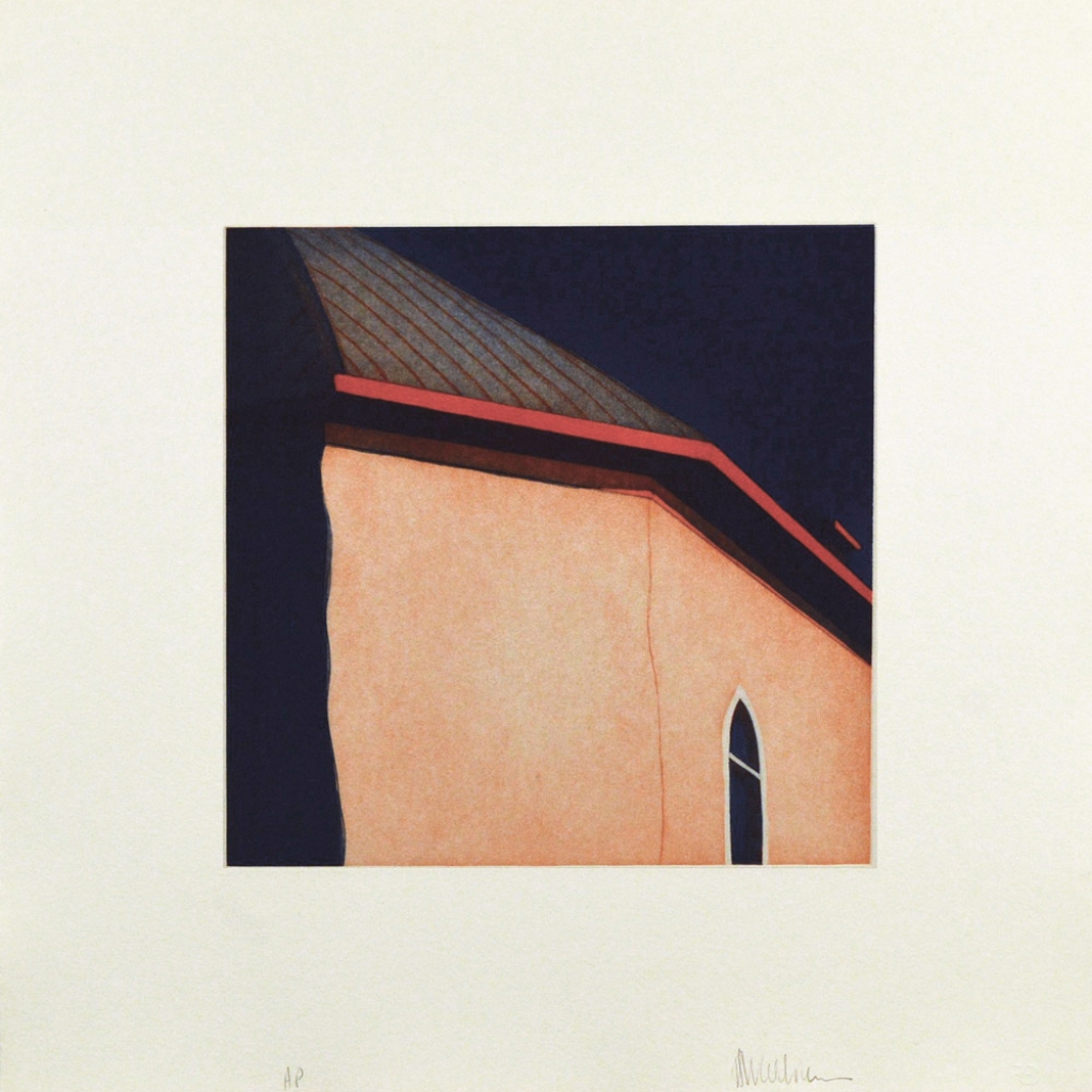 Las sombras atr&aacute;s de la iglesia de Nuestra Se&ntilde;ora de Dolores de Arroyo Hondo, (image) 12x12" aquatint etching, 1984-85 - aquatint etching by Harold Joe Waldrum