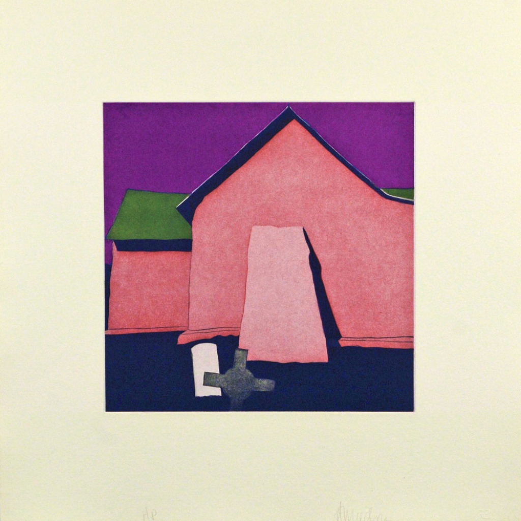 Third State: La sombra del mach&oacute;n atr&aacute;s de la capilla de San Antonio de Chac&oacute;n, (image) 12x12" aquatint etching, 1984-85 - aquatint etching by Harold Joe Waldrum