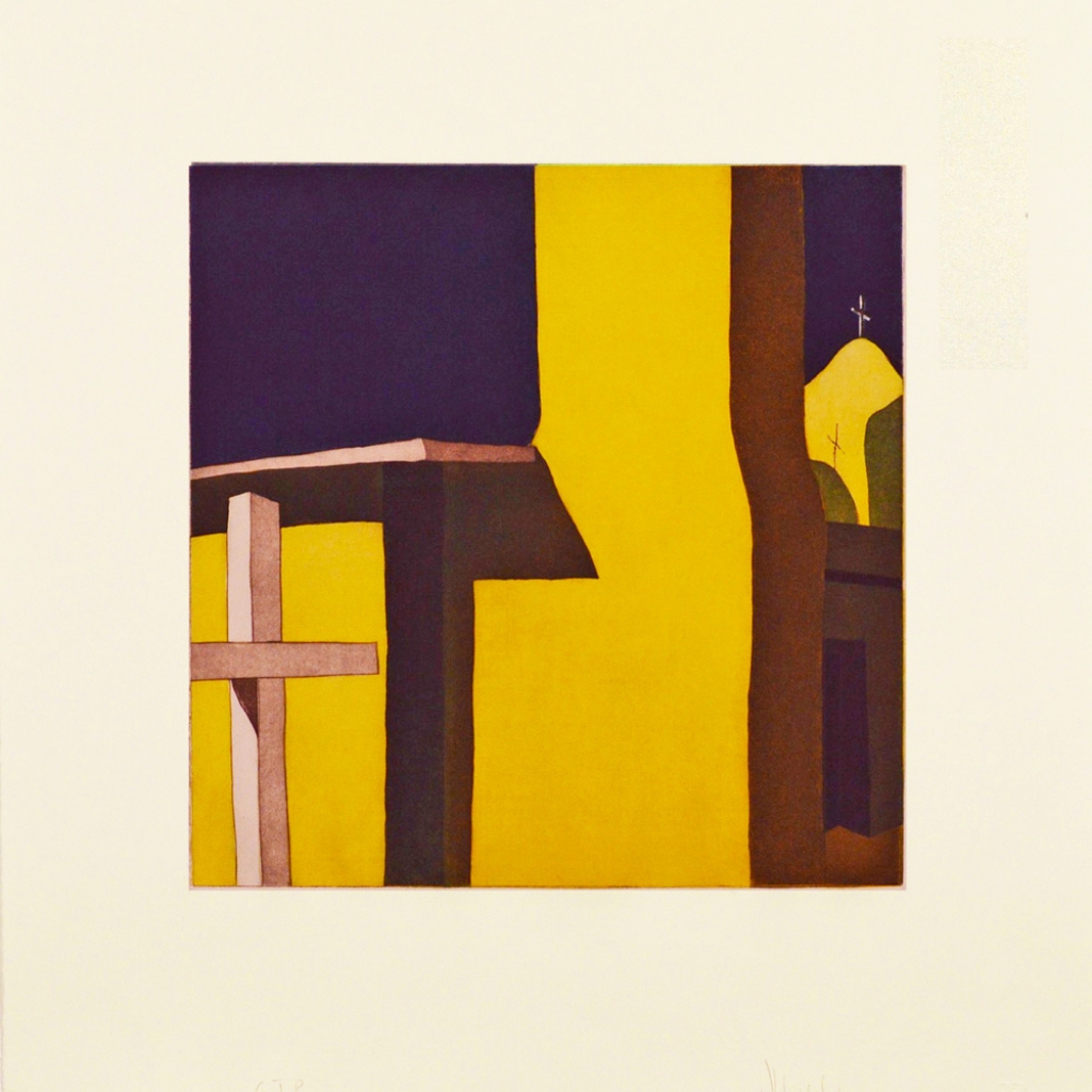 Color Trial Proof: Las sombras de la iglesia de Nuestra Se&ntilde;ora de Dolores de Ca&ntilde;on, (image) 12x12" aquatint etching, 1984-85 - aquatint etching by Harold Joe Waldrum
