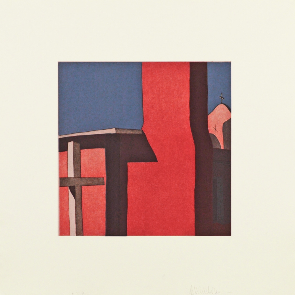 Color Trial Proof: Las sombras de la iglesia de Nuestra Se&ntilde;ora de Dolores de Ca&ntilde;on, (image) 12x12" aquatint etching, 1984-85 - aquatint etching by Harold Joe Waldrum