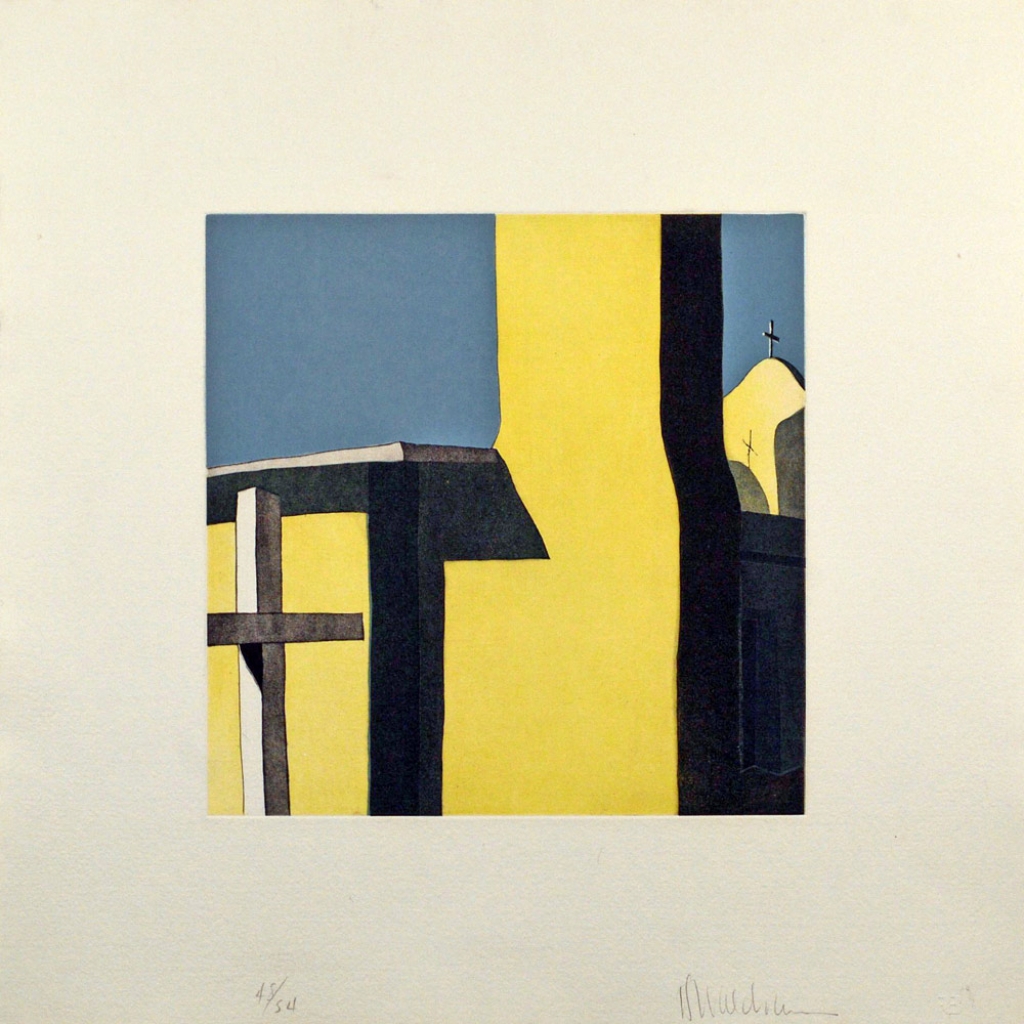 Las sombras de la iglesia de Nuestra Se&ntilde;ora de Dolores de Ca&ntilde;on, (image) 12x12" aquatint etching, 1984-85 - aquatint etching by Harold Joe Waldrum