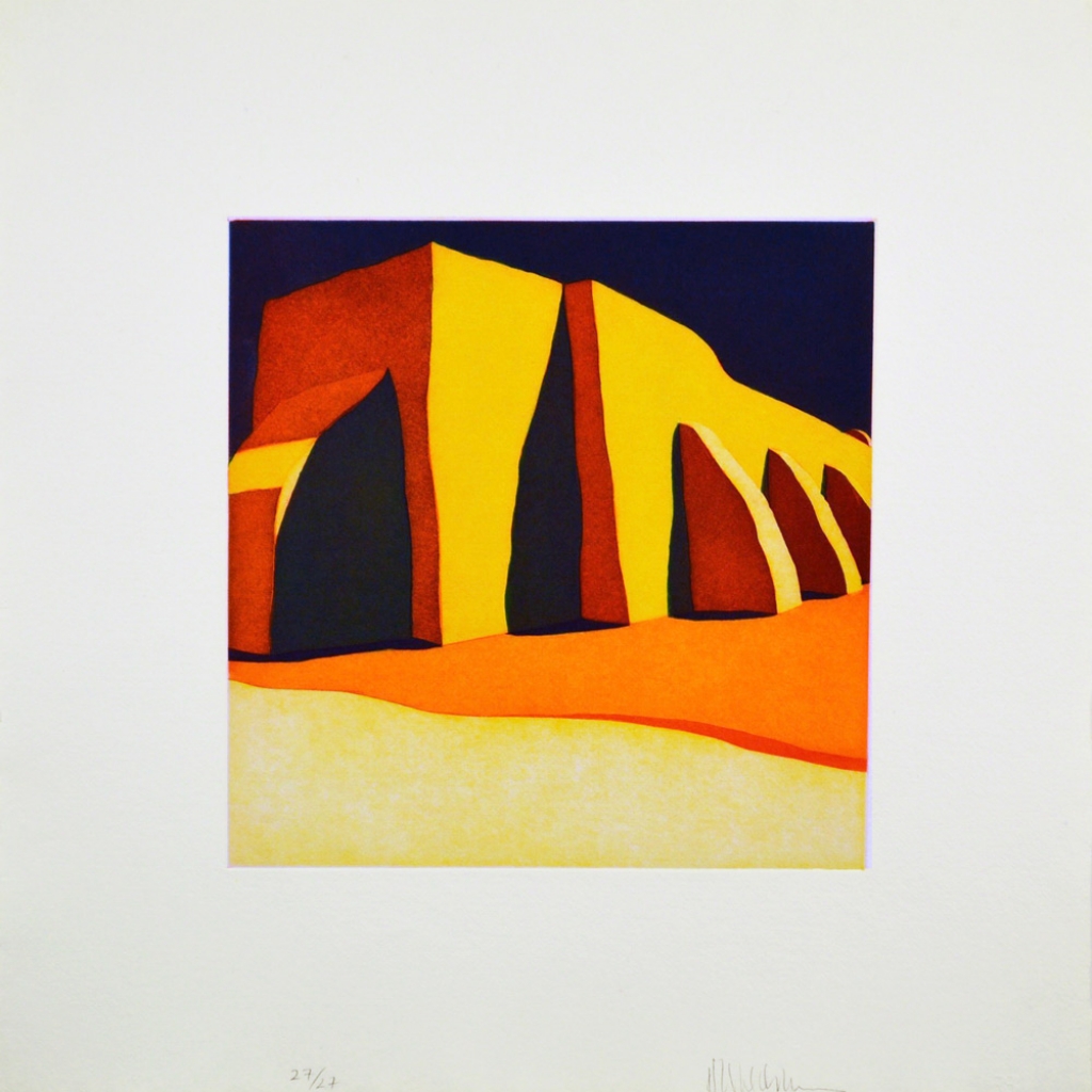 Second State (con cielo azul cargado): Las sombras de la iglesia del pueblo de San Ildefonso, (image) 12x12" aquatint etching, 1984-85 - aquatint etching by Harold Joe Waldrum