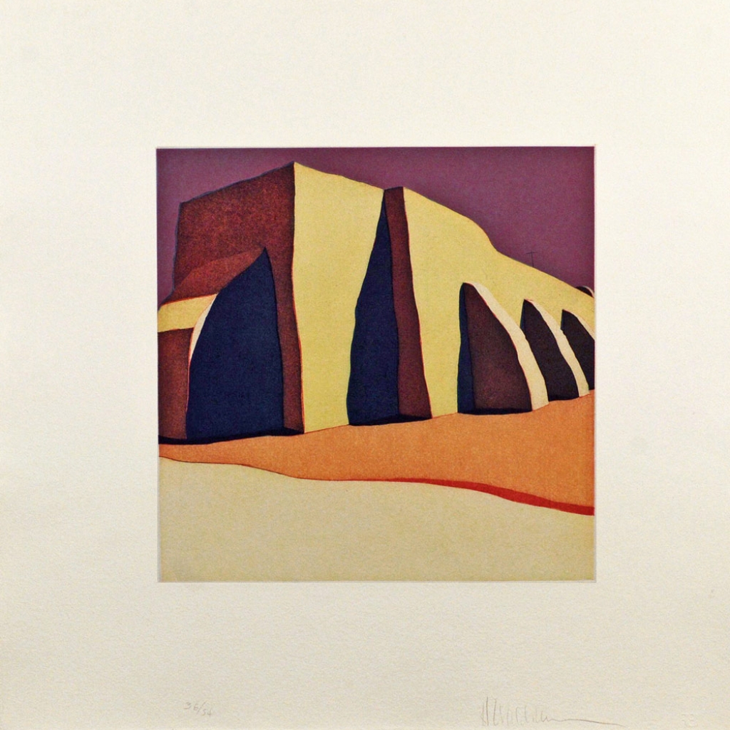 Las sombras de la iglesia del pueblo de San Ildefonso, (image) 12x12" aquatint etching, 1984-85 - aquatint etching by Harold Joe Waldrum