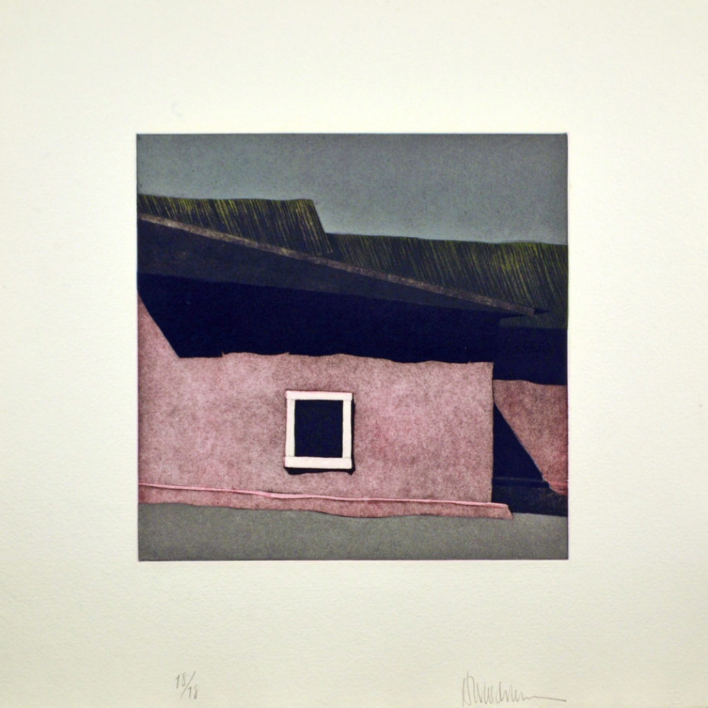 Second State (rosada): Las sombras hacia el este del vestuario de la iglesia de Santo Tom&aacute;s Ap&oacute;stol de Ojo Sarco, (image) 12x12" aquatint etching, 1984-85 - aquatint etching by Harold Joe Waldrum