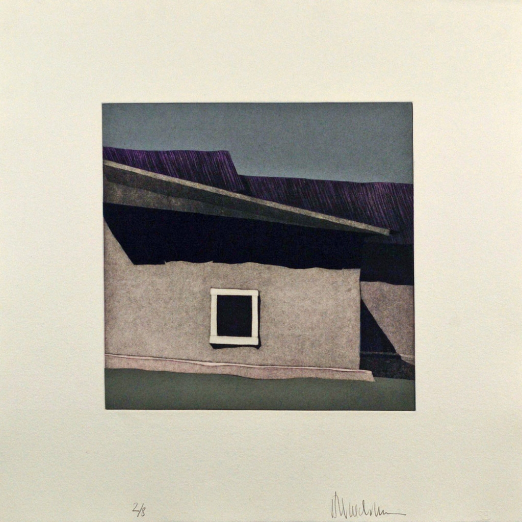 Third State (gris): Las sombras hacia el este del vestuario de la iglesia de Santo Tom&aacute;s Ap&oacute;stol de Ojo Sarco, (image) 12x12" aquatint etching, 1984-85 - aquatint etching by Harold Joe Waldrum