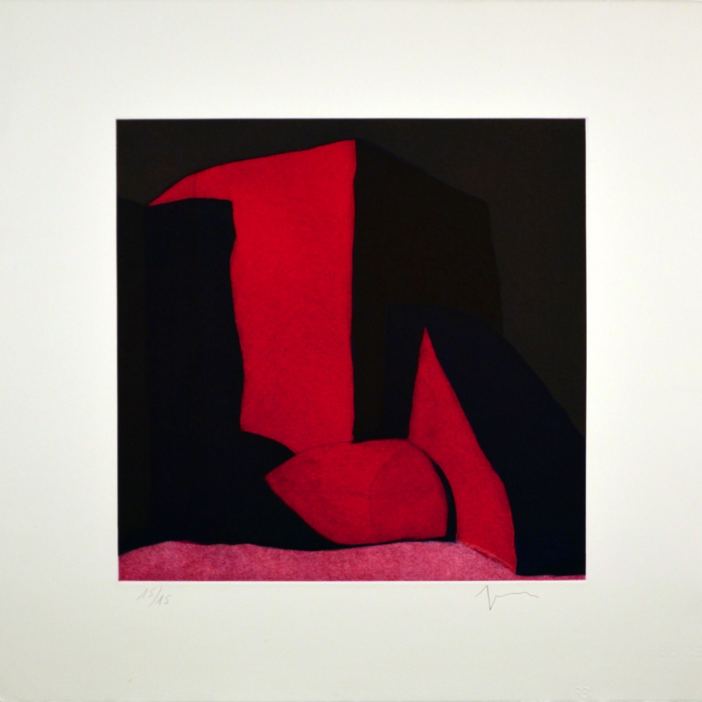 Third State (con luz colorada): Ranchos en la ma&ntilde;ana, (image) 15x15" aquatint etching, ca. 1998 - aquatint etching by Harold Joe Waldrum