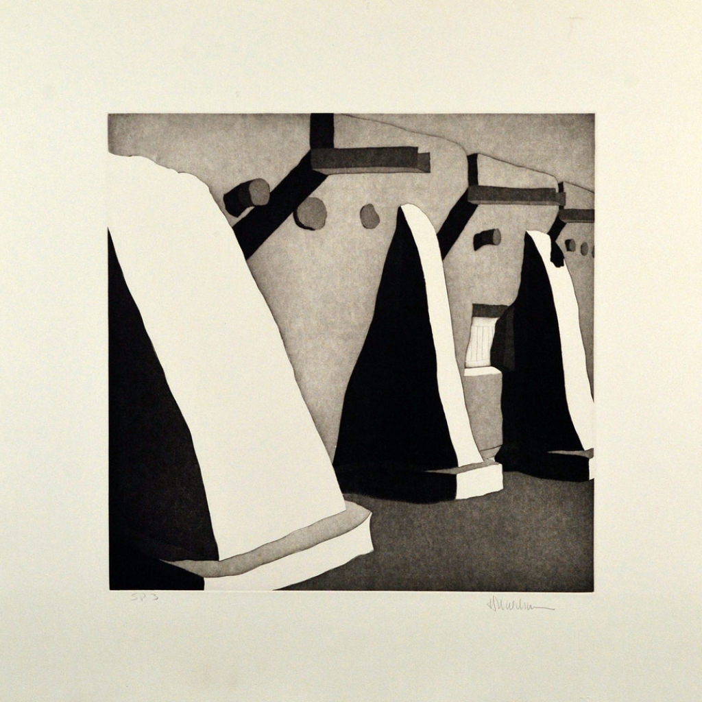 La morada de Don Fernando de Taos, (image) 17x17" aquatint etching, 1988 - aquatint etching by Harold Joe Waldrum