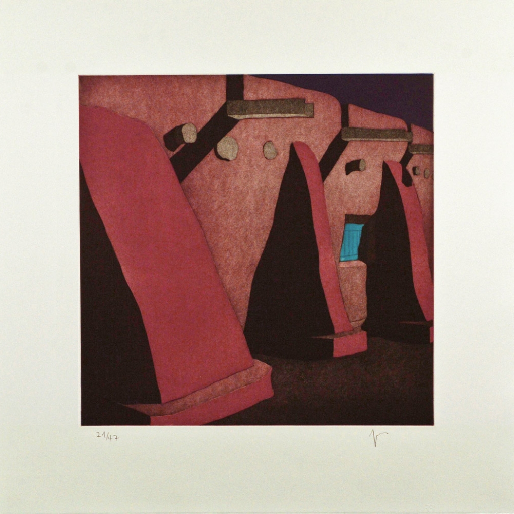 La morada de Don Fernando de Taos en la noche, (image) 17x17" aquatint etching, 1988 - aquatint etching by Harold Joe Waldrum