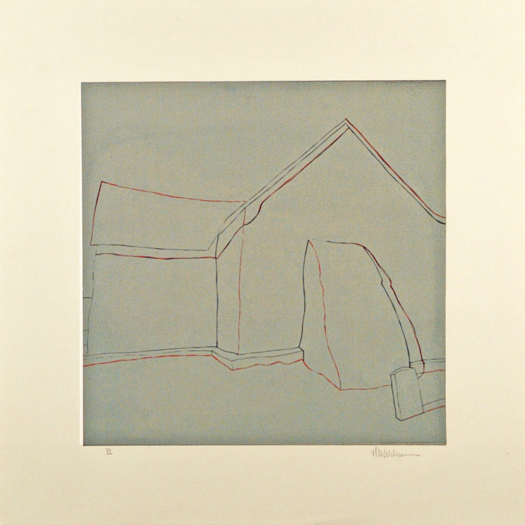 Third State: La l&aacute;pida gris, (image) 17x17" linocut on paper, 1988 - by Harold Joe Waldrum