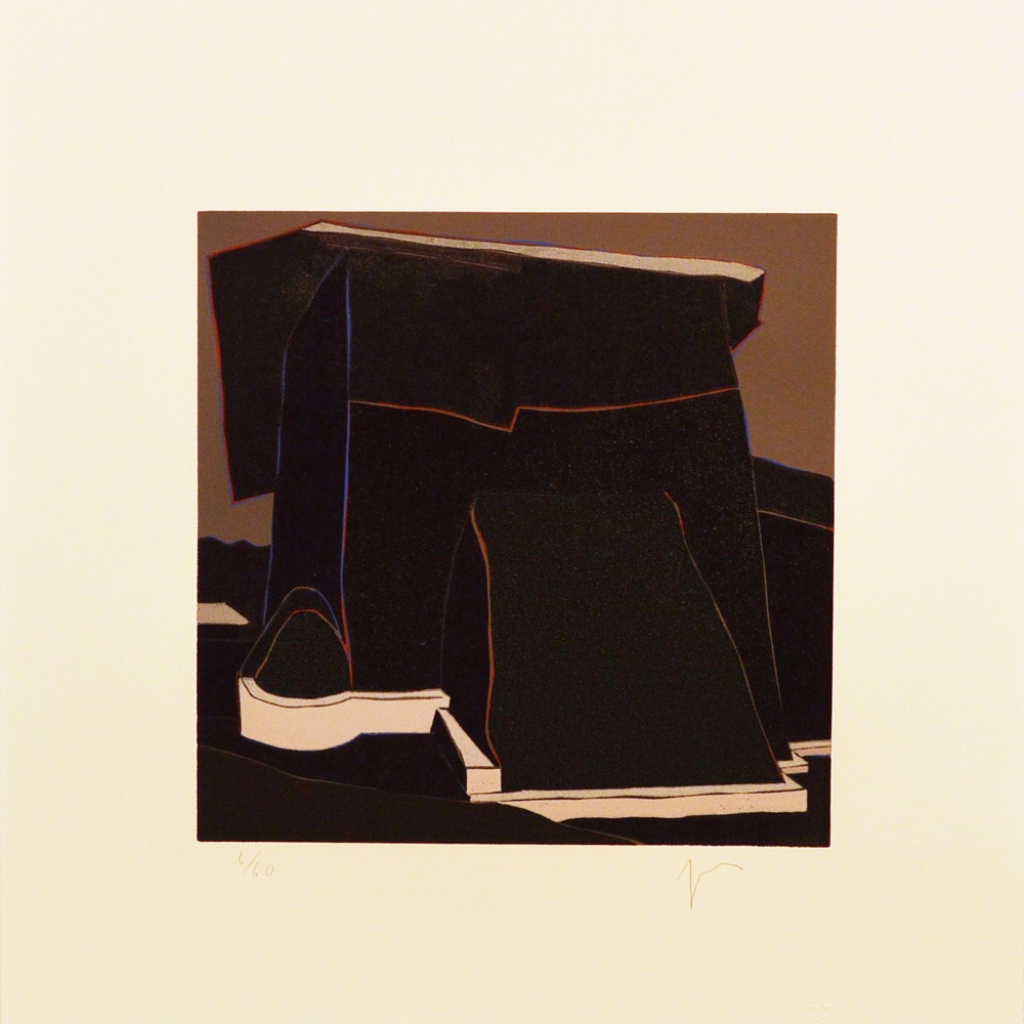El contrafuerte grande de la iglesia de C&oacute;rdova (Insidious Skirt), (image) 9x9" linocut on paper, 1993 - by Harold Joe Waldrum