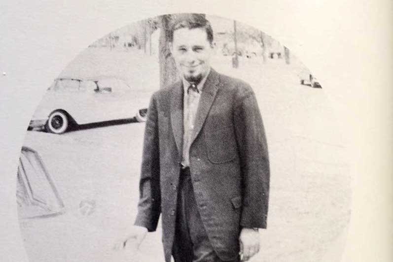 Harold Joe Waldrum and his light blue Peugot outside Lakin High School in the 1960s