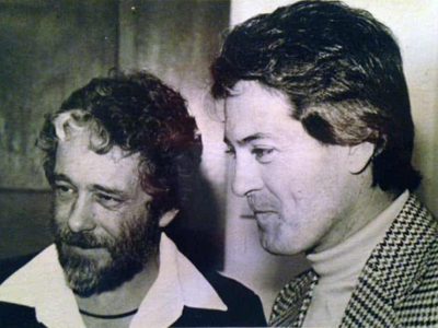 artist Harold Joe Waldrum with his brother Whitt Waldrum - window paintings at Blair Galleries in Santa Fe 1979