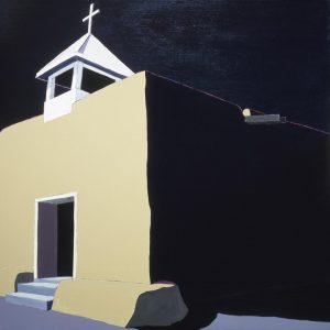 Harold Joe Waldrum painting of the adobe church at Llano Quemado
