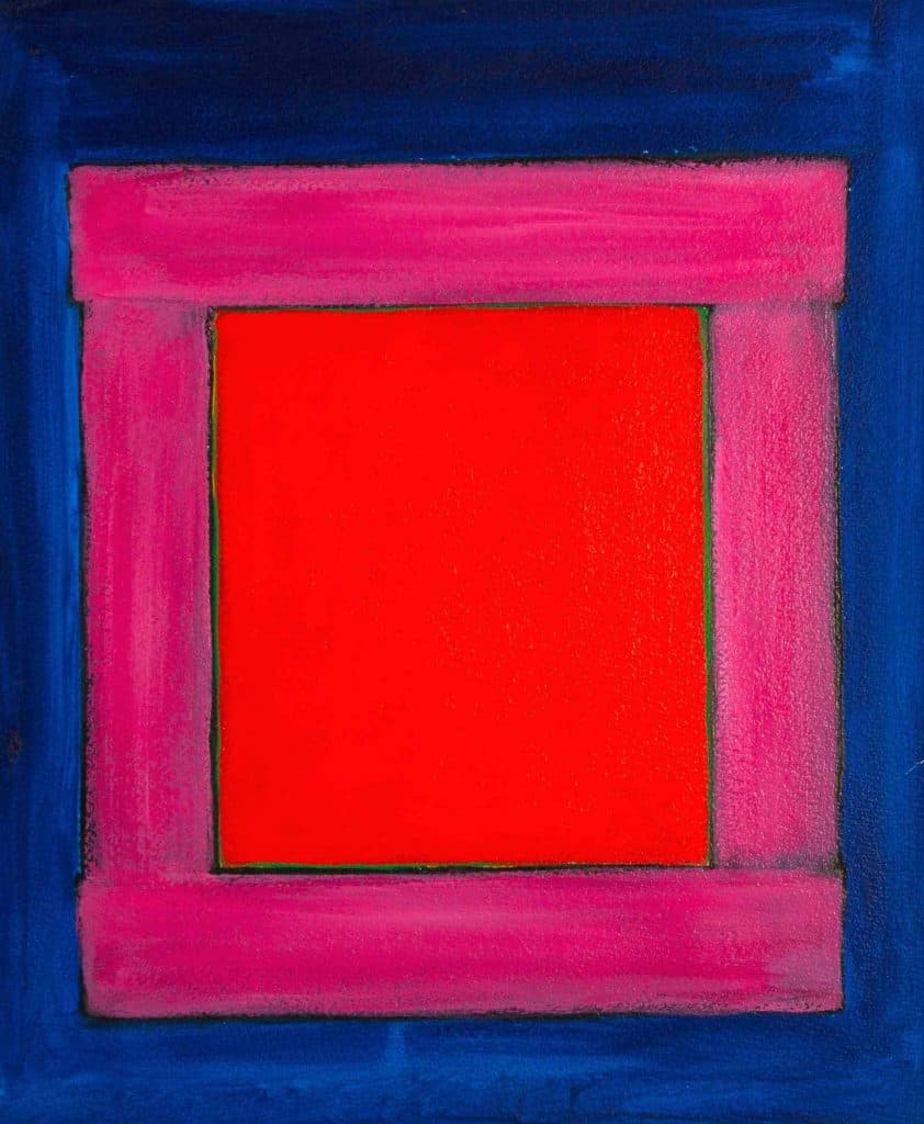 Harold Joe Waldrum, early window painting, acrylic on paper mounted on canvas, 18 x 15"